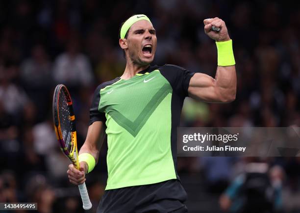 Rafael Nadal of Spain celebrates in his match against Tommy Paul of the United States in the second round during Day Three of the Rolex Paris Masters...