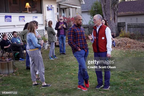 Tom Perez , former Chair of the Democratic National Committee, chats with Wisconsin Democratic candidate for U.S. Senate Mandela Barnes during a...