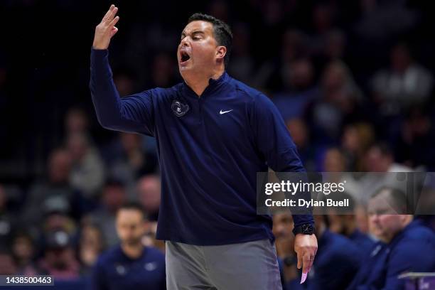 Head coach Sean Miller of the Xavier Musketeers calls out instructions in the first half against the Kentucky Wesleyan Panthers during an exhibition...