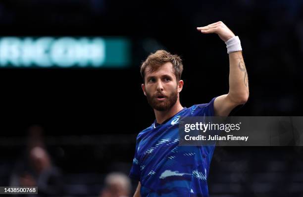 Corentin Moutet of France celebrates against Cameron Norrie of Great Britain in the second round during Day Three of the Rolex Paris Masters tennis...