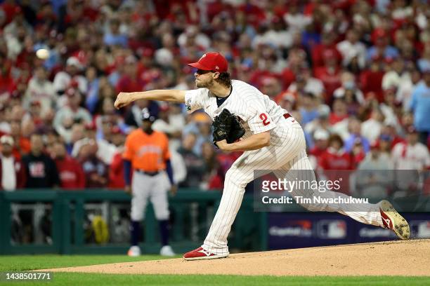Aaron Nola of the Philadelphia Phillies delivers a pitch against the Houston Astros during the first inning in Game Four of the 2022 World Series at...