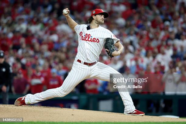 Aaron Nola of the Philadelphia Phillies delivers a pitch against the Houston Astros during the first inning in Game Four of the 2022 World Series at...