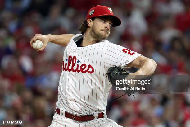 Aaron Nola of the Philadelphia Phillies delivers a pitch against the Houston Astros during the first inning in Game Four of the 2022 World Series at...