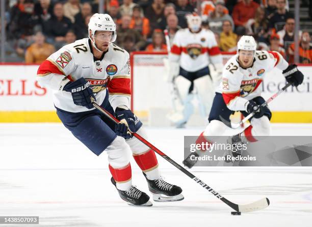 Eric Staal of the Florida Panthers skates the puck against the Philadelphia Flyers at the Wells Fargo Center on October 27, 2022 in Philadelphia,...