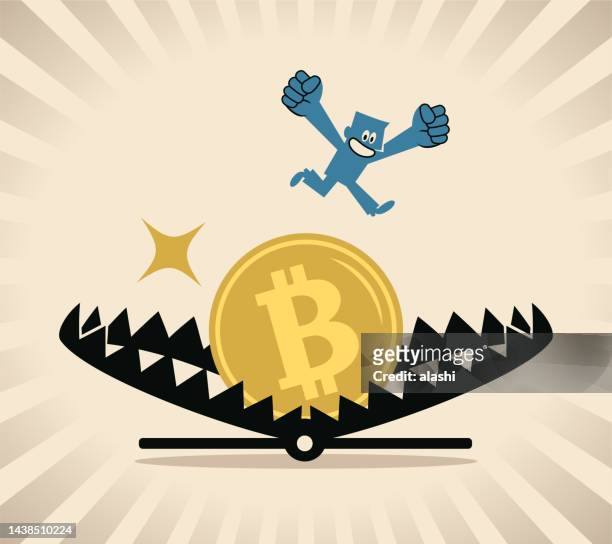 illustrations, cliparts, dessins animés et icônes de un homme d’affaires saute par-dessus un piège à ours qui utilise la crypto-monnaie comme appât. - temptation