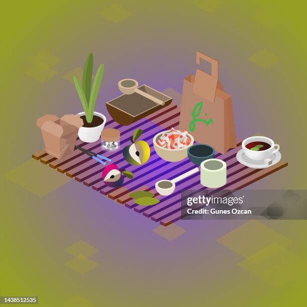 ilustraciones, imágenes clip art, dibujos animados e iconos de stock de productos isométricos sostenibles - green living concept - envases biodegradables - objetos reciclados - productos orgánicos - alimentos y bebidas orgánicos - cuchara-de-helado