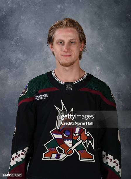Juuso Valimaki of the Arizona Coyotes poses for his official headshot for the 2022-2023 season at Scottsdale Ice Den on November 02, 2022 in...