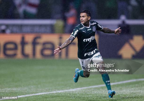 Dudu of Palmeiras celebrates after scoring the second goal of his team during a match between Palmeiras and Fortaleza as part of Brasileirao Series A...