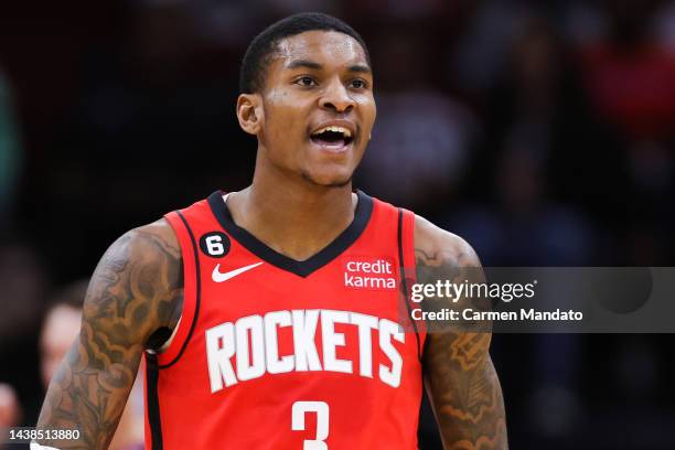 Kevin Porter Jr. #3 of the Houston Rockets reacts during the first half against the LA Clippers at Toyota Center on November 02, 2022 in Houston,...