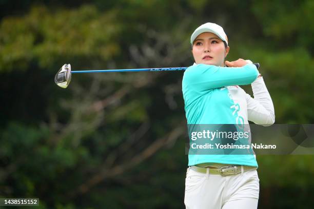 Sayaka Takahashi of Japan hits her tee shot on the 2nd hole during the first round of the TOTO Japan Classic at Seta Golf Course North Course on...