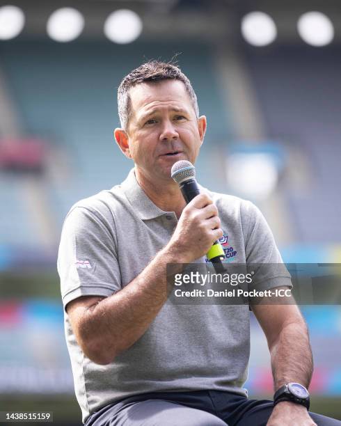 Ricky Ponting speaks during the ICC T20 World Cup Finals Entertainment Media Announcement at the MCG on November 03, 2022 in Melbourne, Australia.