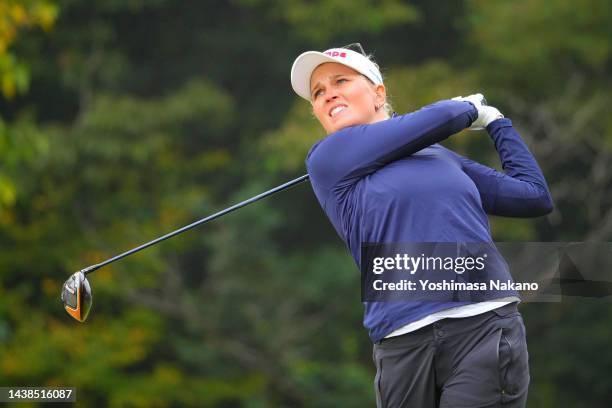 Nanna Koerstz Madsen of Norway hits her tee shot on the 2nd hole during the first round of the TOTO Japan Classic at Seta Golf Course North Course on...