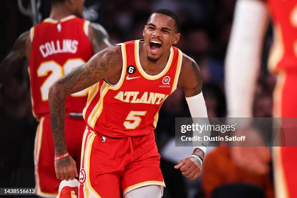 Dejounte Murray of the Atlanta Hawks reacts after scoring a basket during the third quarter of the game against the New York Knicks at Madison Square...