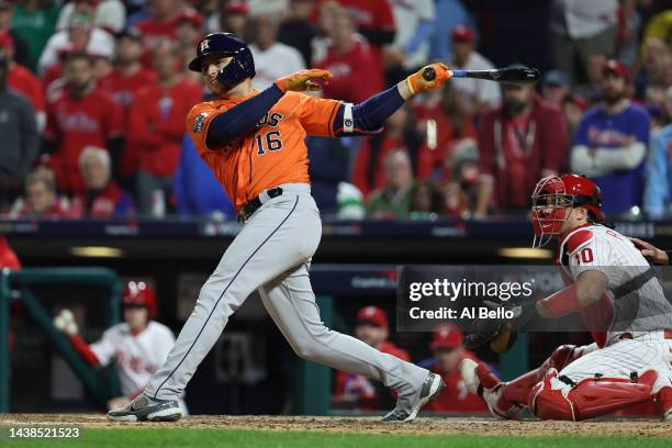 Aledmys Diaz of the Houston Astros strikes out against the Philadelphia Phillies during the fifth inning in Game Four of the 2022 World Series at...