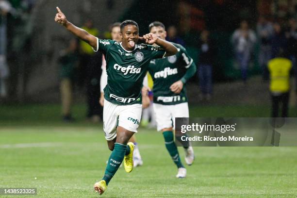 Endrick of Palmeiras celebrate after scoring the fourth goal of his team during the match between Palmeiras and Fortaleza as part of Brasileirao...