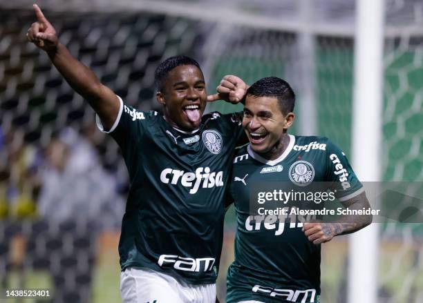 Endrick of Palmeiras celebrates with teammate Dudu after scoring the fourth goal of his team during a match between Palmeiras and Fortaleza as part...