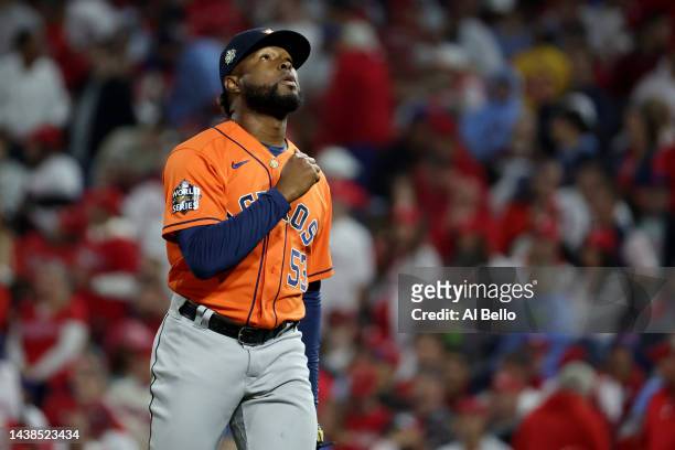 Cristian Javier of the Houston Astros reacts after the end of the fifth inning against the Philadelphia Phillies in Game Four of the 2022 World...