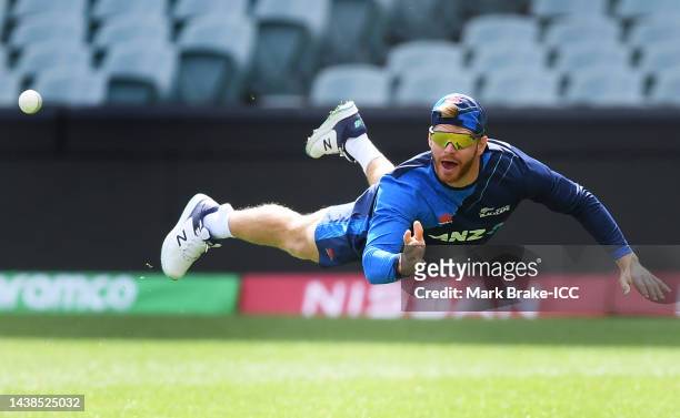 Glenn Phillips of New Zealand throws in a fielding drill during the New Zealand T20 World Cup Squad training session at Adelaide Oval on November 03,...