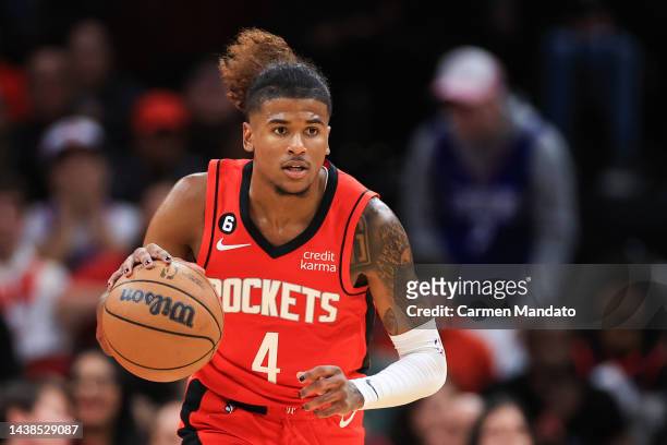 Jalen Green of the Houston Rockets controls the ball during the second half against the LA Clippers at Toyota Center on November 02, 2022 in Houston,...