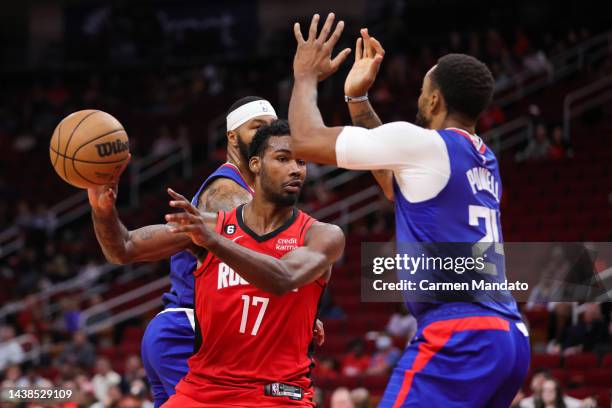 Tari Eason of the Houston Rockets passes the ball during the second half against the LA Clippers at Toyota Center on November 02, 2022 in Houston,...
