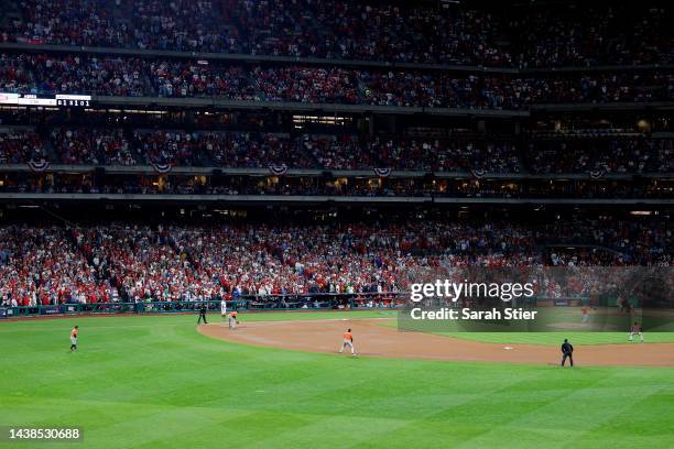 The Houston Astros infield shifts during the seventh inning against the Philadelphia Phillies in Game Four of the 2022 World Series at Citizens Bank...