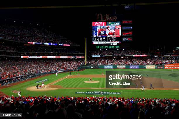 General view as Ryan Pressly of the Houston Astros delivers a pitch against the Philadelphia Phillies during the ninth inning in Game Four of the...