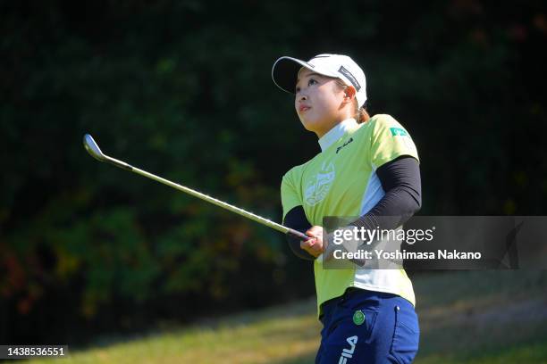 Mao Saigo of Japan hits her third shot on the 6th hole during the first round of the TOTO Japan Classic at Seta Golf Course North Course on November...