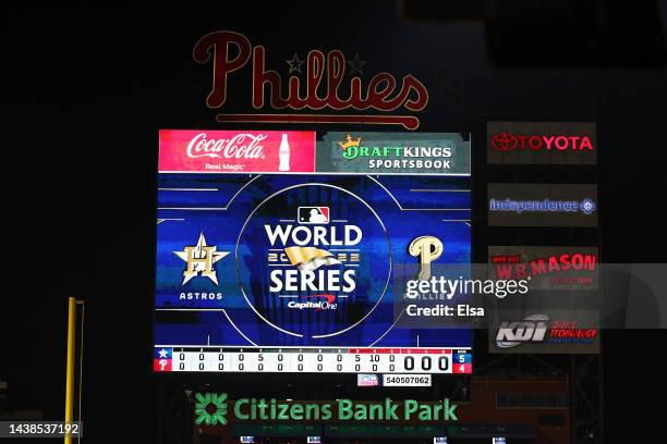 The scoreboard is seen indicating a combined no-hitter by the Houston Astros against the Philadelphia Phillies in Game Four of the 2022 World Series...