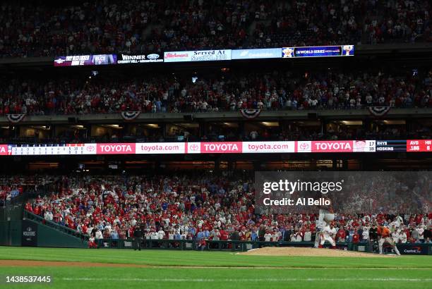 General view as Ryan Pressly of the Houston Astros delivers a pitch against the Philadelphia Phillies during the ninth inning in Game Four of the...