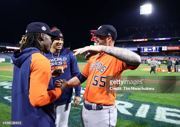 Rafael Montero, Bryan Abreu and Ryan Pressly of the Houston Astros celebrate after pitching for a combined no-hitter to defeat the Philadelphia...