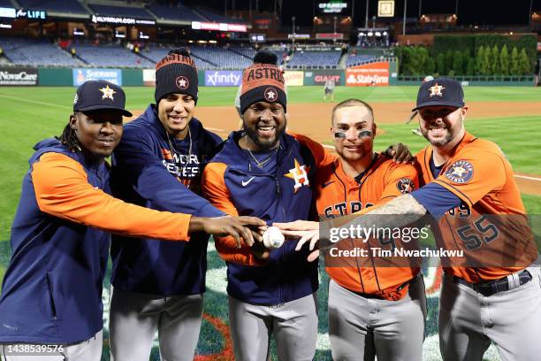 Rafael Montero, Bryan Abreu, Cristian Javier, Christian Vazquez and Ryan Pressly of the Houston Astros pose for a photo after pitching for a combined...