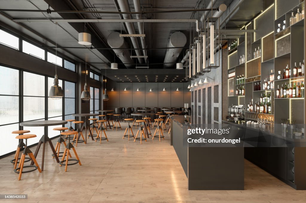 Pub Interior With Bar Counter Tables And Bar Stools High-Res Stock ...