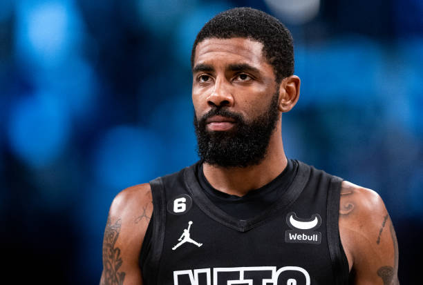 Kyrie Irving of the Brooklyn Nets looks on during a break in the action during the first quarter of the game against the Indiana Pacers at Barclays...