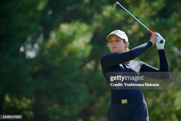 Albane Valenzuela of Switzerland hits her tee shot on the 3rd hole during the first round of the TOTO Japan Classic at Seta Golf Course North Course...