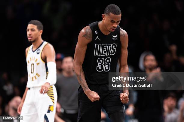 Nicolas Claxton of the Brooklyn Nets reacts during the fourth quarter of the game against the Indiana Pacers at Barclays Center on October 31, 2022...