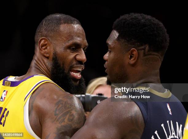 LeBron James of the Los Angeles Lakers and Zion Williamson of the New Orleans Pelicans talk after a 120-117 Lakers win at Crypto.com Arena on...