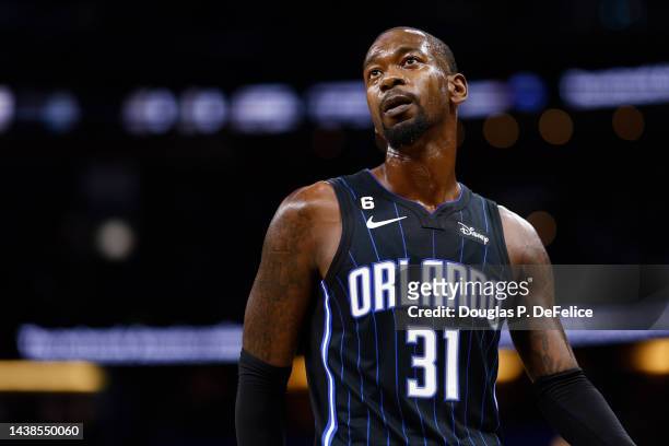 Terrence Ross of the Orlando Magic looks on against the Charlotte Hornets during the first quarter at Amway Center on October 28, 2022 in Orlando,...