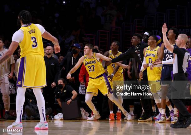 Matt Ryan of the Los Angeles Lakers reacts as he watches his three pointer, to tie the game 111-111 sending it into overtime against the New Orleans...