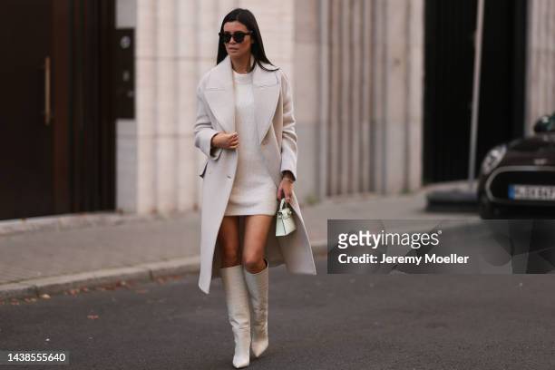 Leo Eberlin wearing Zara beige coat, H&M beige knit sweater dress, Hermes light green mini leather Kelly bag, Paris Texas beige leather boots, Celine...