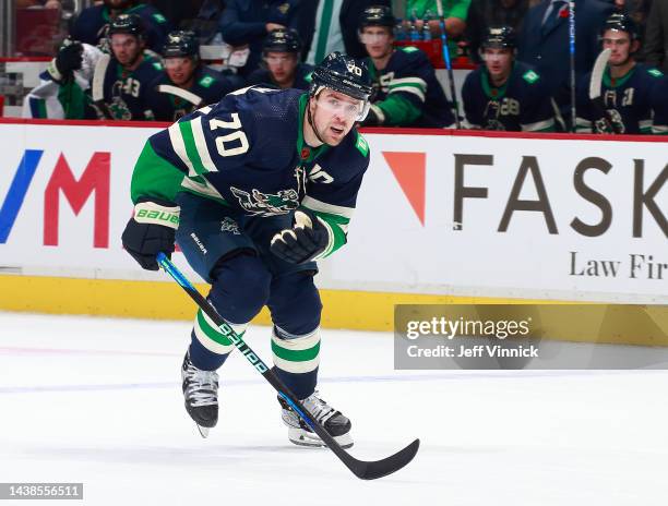 Tanner Pearson of the Vancouver Canucks skates up ice during their NHL game against the New Jersey Devils at Rogers Arena November 1, 2022 in...