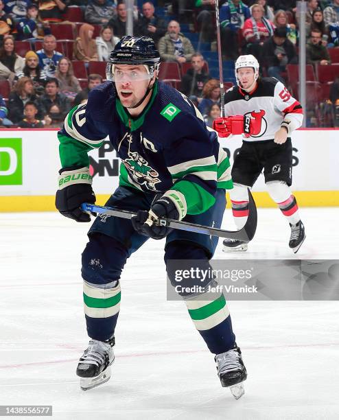 Tanner Pearson of the Vancouver Canucks skates up ice during their NHL game against the New Jersey Devils at Rogers Arena November 1, 2022 in...