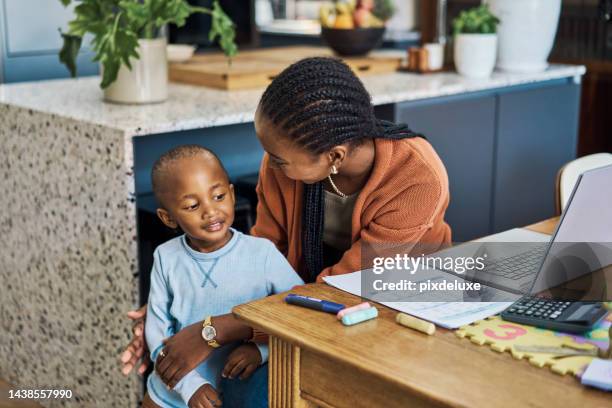 kid, bond and mother with remote working laptop in house finance budget, insurance investment or home accounting. smile, happy or future financial family security for woman or childcare on technology - family wealth stock pictures, royalty-free photos & images