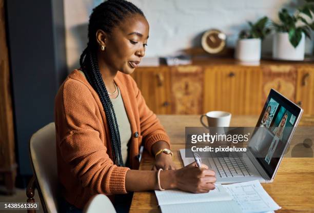 woman, laptop and zoom conference in home office, writing notes and listening to colleagues during online meeting. webinar, video call and black woman sharing idea, goal and strategy for team project - online meeting stock pictures, royalty-free photos & images