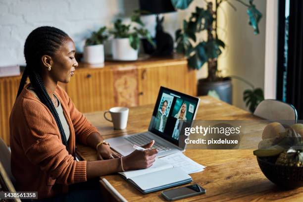 black woman, home office and laptop video call of virtual meeting, global consulting and internet planning in work from home. remote worker writing notes, zoom call conference and online team webinar - zoom in office stock pictures, royalty-free photos & images