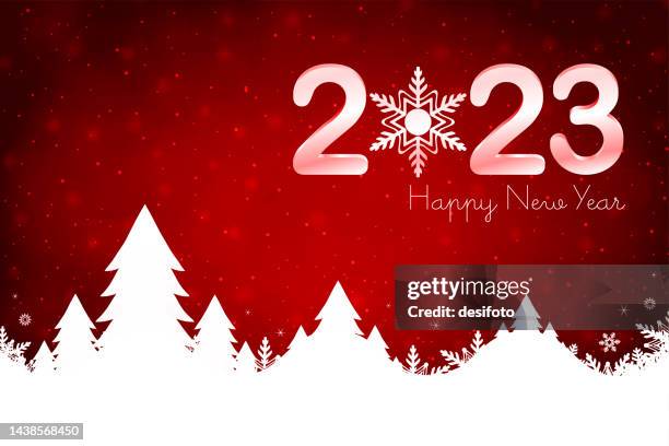 glittery christmas horizontal red backgrounds with text happy new year 2023 and a white coloured snow covered mountain range with coniferous xmas trees and snowflakes and shiny dots at over bright vibrant maroon backdrop - bling background stock illustrations
