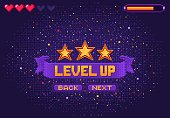 Level up 8bit game, console or arcade pixel screen