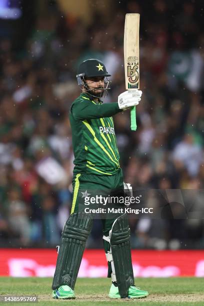 Shadab Khan of Pakistan celebrates reaching a half century during the ICC Men's T20 World Cup match between Pakistan and South Africa at the Sydney...