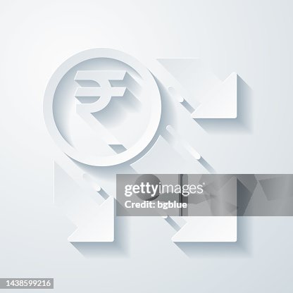 Indian rupee decrease. Icon with paper cut effect on blank background Indian rupee decrease. Icon with paper cut effect on blank background