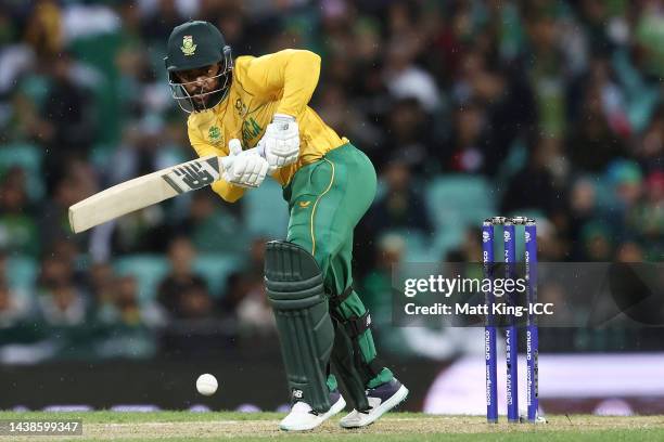 Temba Bavuma of South Africa bats during the ICC Men's T20 World Cup match between Pakistan and South Africa at the Sydney Cricket Ground on November...