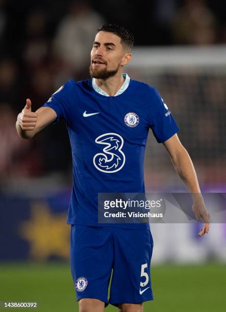 Jorginho of Chelsea FC during the Premier League match between Brentford FC and Chelsea FC at Brentford Community Stadium on October 19, 2022 in...